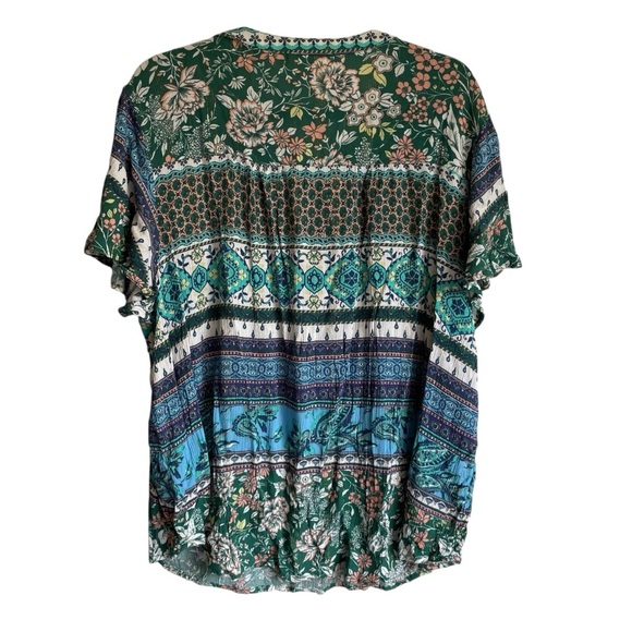 Farmer’s Market Blue and Green Relaxed Tie Front Blouse 3X - Picture 5 of 11